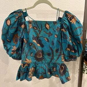 Ulla Johnson Teal Floral Puff Sleeve Blouse